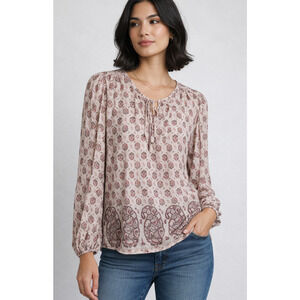 Lucky Brand Boho Blouse L Pink Paisley Tunic Tie Neck Long Sleeve Top Peasant